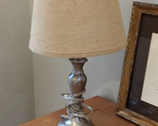 ORE International . Milo Abstract Brushed Silver Metal Table Lamp with Burlap Shade