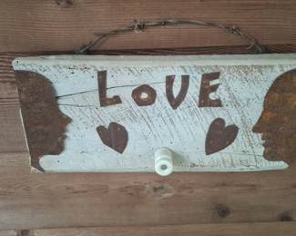 Rustic LOVE Sign with Profile Silhouettes and Barbed Wire Hanger