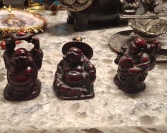 Set of Three Red Resin Laughing Buddha Figurines