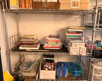 Metal Wire Shelving Unit with Assorted Books and Craft Supplies