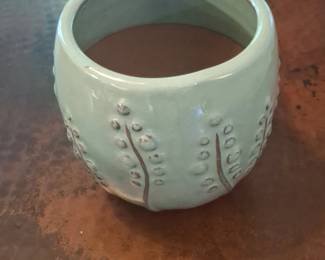 Pale Green Ceramic Planter Pot with Raised Dot and Leaf Motif