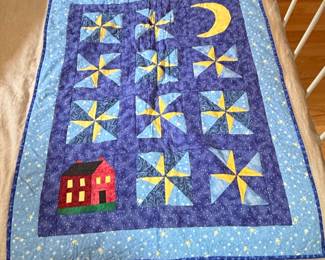Handmade Quilt with House, Moon, and Stars Motif