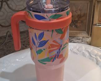 Kids Insulated Tumbler with Handle and Straw Abstract Floral Pattern