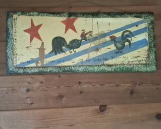 Folk Art Rooster and Hen Painting on Wood Panel