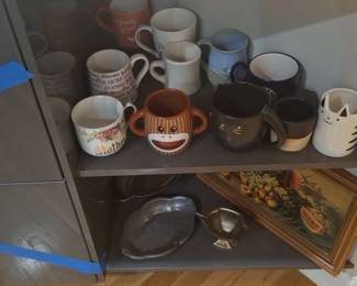 Collection of Assorted Ceramic Mugs including Sock Monkey, Mother Floral, and Cat Designs