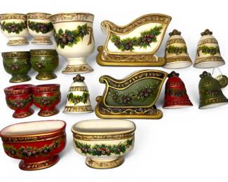 Medium Large Ceramic Christmas Figurines  Chalices, Sleds, Bells,  Bowls