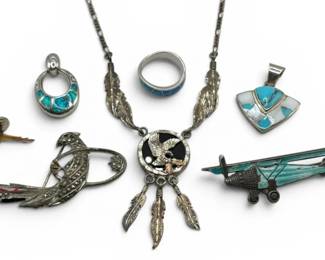 Sterling Silver Black Hills Eagle Necklace, Turquoise Pendants,  Brooches 43.8g