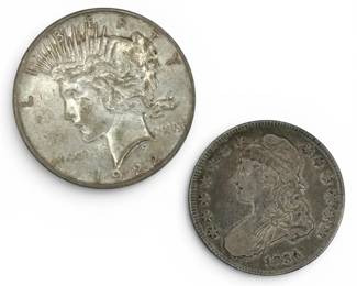 1922 Silver Peace Dollar  1834 Capped Bust Half Dollar