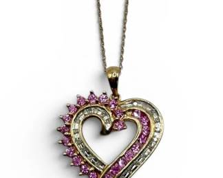 10k Gold, Diamond,  Pink Sapphire Heart Pendant Necklace 4.27g