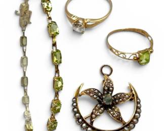 10k Gold Flower Crescent Brooch, Peridot Tennis Bracelet,  Rings 9.90g