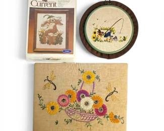 Vintage Floral Crewel, Round Bunny Fishing Crewel,  Bunnys Bonnet Crewel Kit