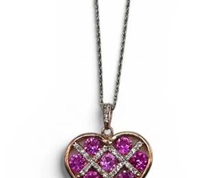 Sterling Silver Pink Sapphire Lattice Heart Pendant Necklace 4.00g