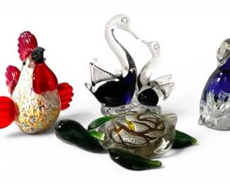 Glass Animal Figurines  Turtle, Swans, Penguin,  Rooster