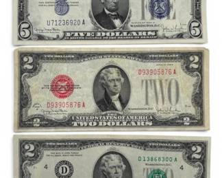 1934D $5 Silver Certificate, 1928G $2 Bill, and 1976 $2 Bill