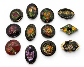 Russian HandPainted Lacquered Brooches w Intricate Floral Designs