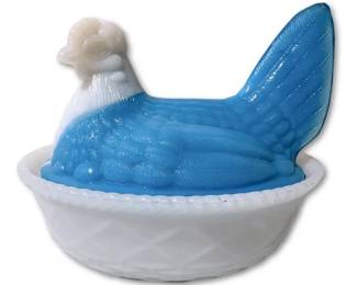 Westmoreland Blue Slag Milk Glass Hen on Nest