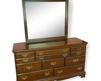 Wooden Dresser w Large Mirror  Brass Hardware