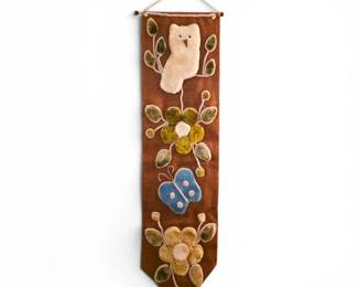 Vintage Burlap Owl  Flowers Tufted Wall Hanging 57 x 17 