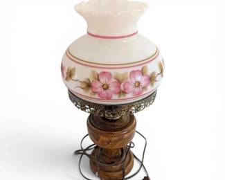 HandPainted Pink Floral Table Lamp w Wooden Base