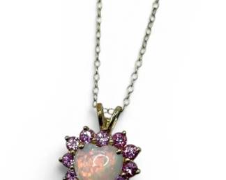 10k Gold Opal  Pink Sapphire Heart Pendant w 14k Gold Necklace Chain 2.26g