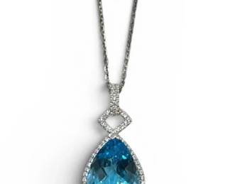 Sterling Silver Blue Topaz  CZ Teardrop Pendant Necklace 6.90g