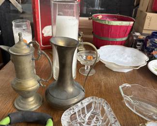 Brass tabletop items, crystal and milk glass tabletop wares, seasonal decor