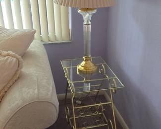 Brass and glass end table a brass and crystal lamp