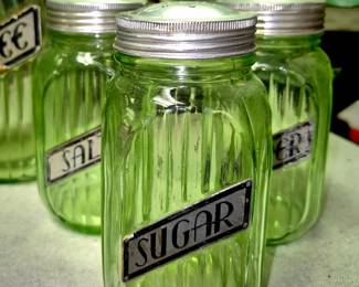 3 pcs. set "Salt, Sugar and Pepper" green depression glass