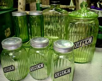 Green depression glass "Spice" jars and "Coffee" cannister w/lid 