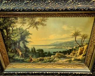 Great selection of framed artwork. Ornate gold and black framed Bay of Naples