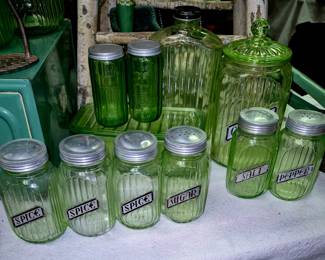 Green depression spice jars