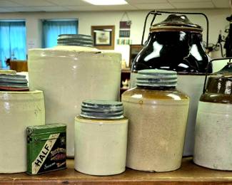 Stoneware miniature jugs, canning and fruit stoneware jars 