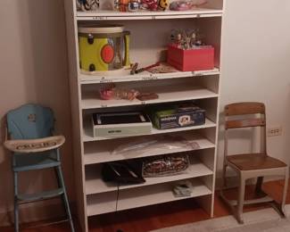 bookcase, vintage doll high chair