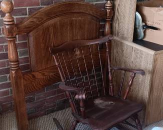 antique rocker, twin headboard