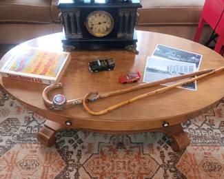 antique coffee table, antique mantle clock,
