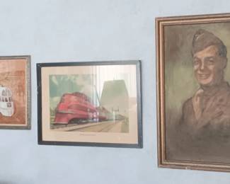 1934 Burlington RR print, 1940s Rock Island Rocket print, WWIi soldier painting