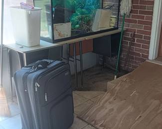 large fish tank with accessories, vintage school desks