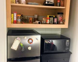 Refrigerator, microwave, small dresser