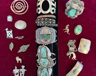 Sterling vintage Dine/Navajo and Zuni cuffs (mostly older, unsigned), pins and buckle