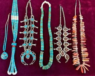 Vintage sterling turquoise and coral squash blossom necklaces (older, unsigned)