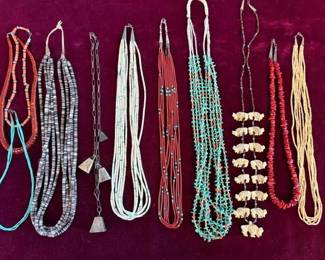 Vintage Santo Domingo heishi necklaces, sterling 'mother-in-law' bell necklace