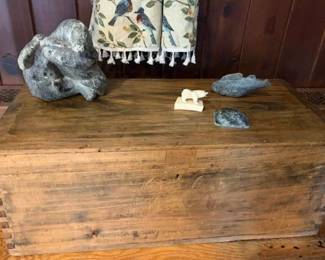 Pacific Northwest carved soapstone polar bear with seal (signed but illegible), fish and seals; walrus carving