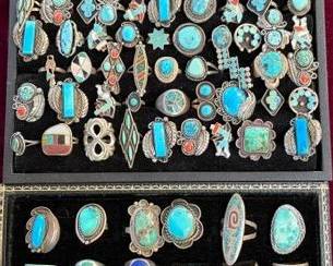 A very large collection of vintage sterling, turquoise, coral jet, lapis rings