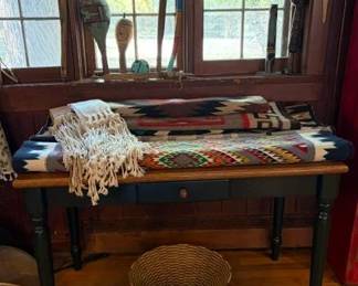 Vintage Navajo weavings, Hopi rain sashes, rattles, 'war club', PNW carvings