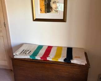 Antique New England blanket chest and vintage Hudson's Bay blanket