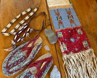Lakota beaded pipe bag with dyed porcupine quills, ca 1890, and vintage beaded moccasins