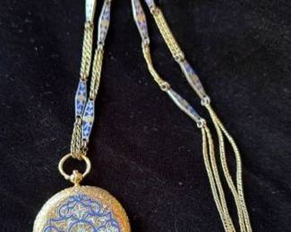 Beautiful Dubois et fils 18K yellow gold and enamel ladies pocket watch with chain,