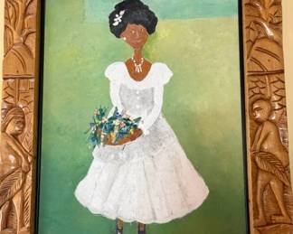 Outsider artist Darnell Henre 'Spring Bride' oil on canvas with hand carved frame, 26" x 21 1/2"