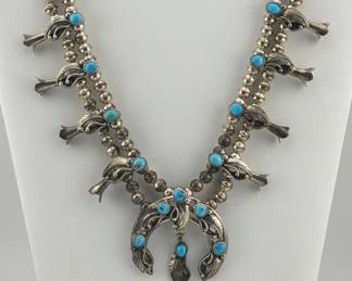Sterling silver signed turquoise squash blossom necklace