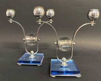 Mid-Century chrome and lucite candleholders